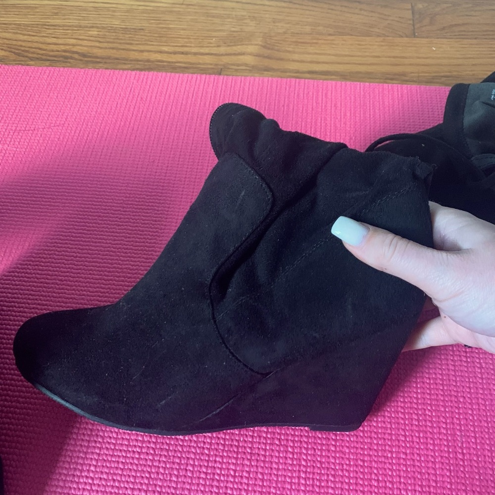 Black wedged over knee high suede boots